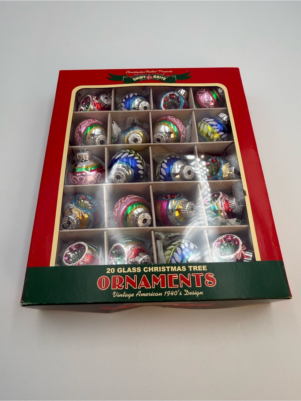 1 Box/20 RADKO Shiny Brite Retro Confetti Mini Glass Indent Christmas Ornaments